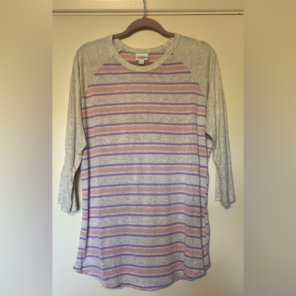 LuLaRoe Light Gray Randy with Pink and Purple Stripes